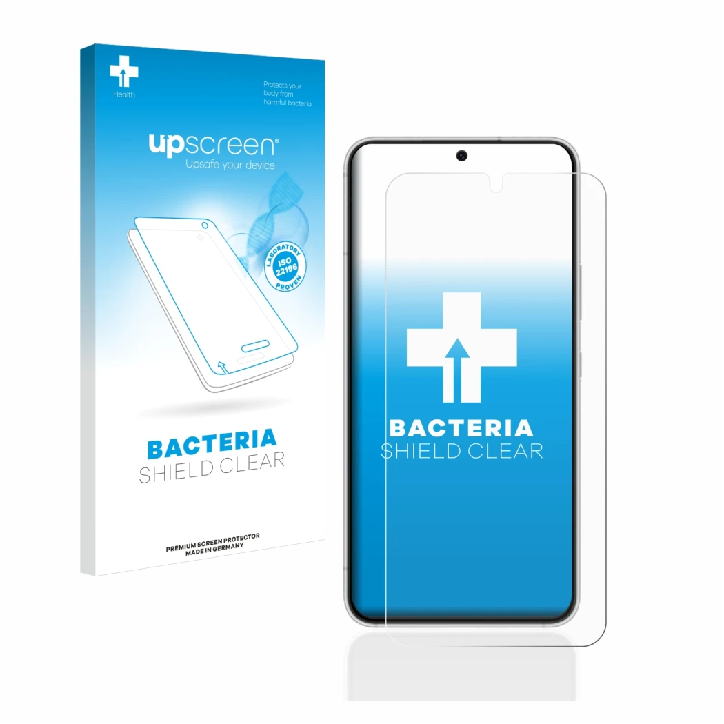 Parte frontale di una confezione del prodotto con il logo del marchio upscreen. Accanto è raffigurato il dispositivo Samsung G