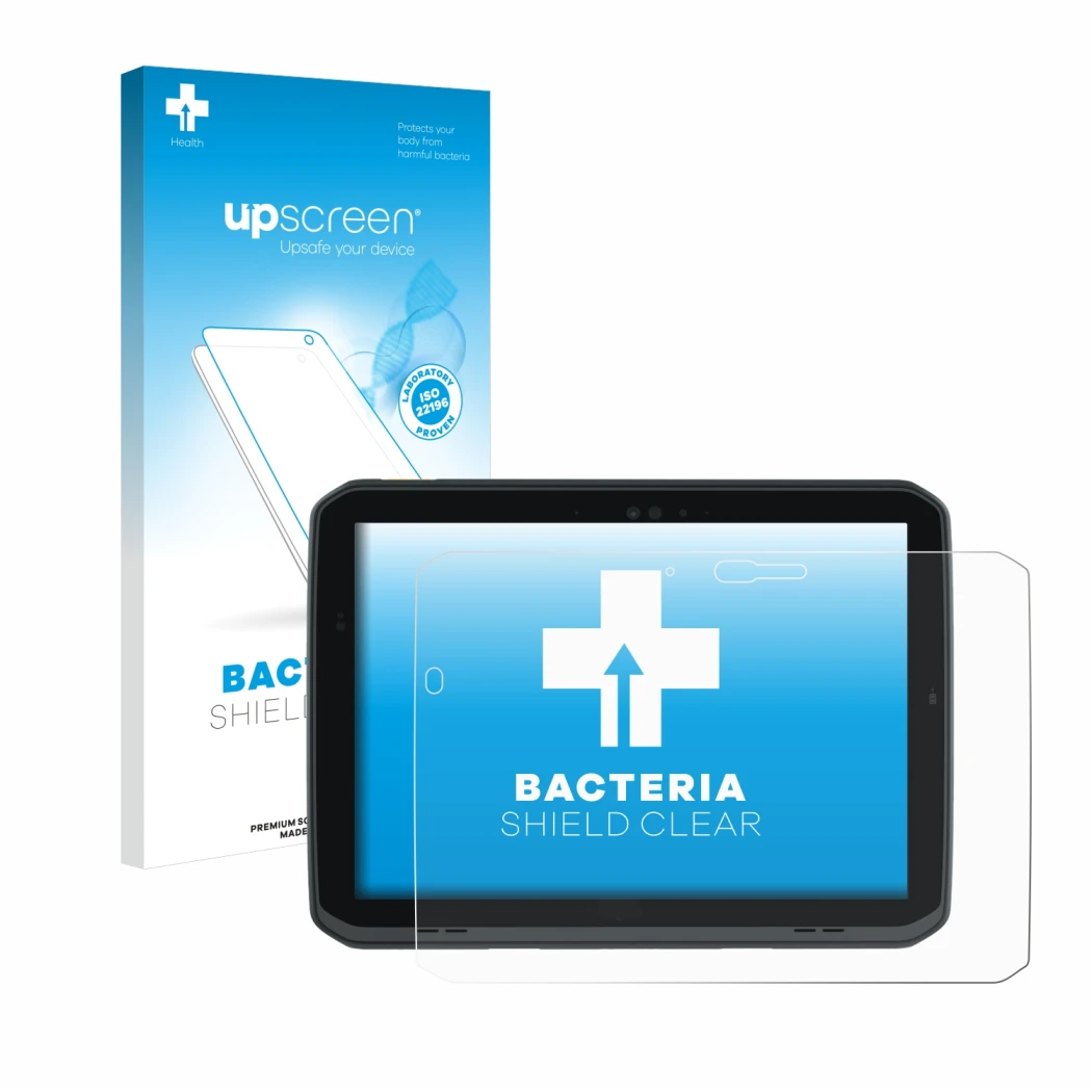 Parte frontale di una confezione del prodotto con il logo del marchio upscreen. Accanto è raffigurato il dispositivo Zebra ET8