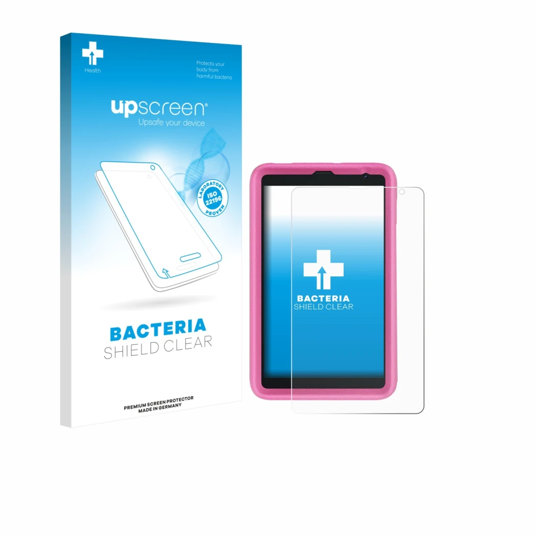 Parte frontale di una confezione del prodotto con il logo del marchio upscreen. Accanto è raffigurato il dispositivo Blackview