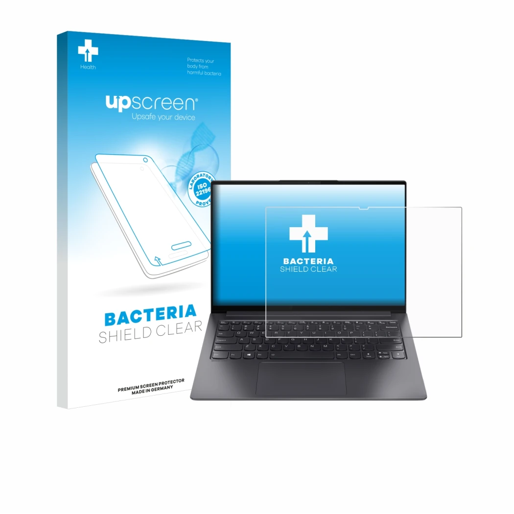 Parte frontale di una confezione del prodotto con il logo del marchio upscreen. Accanto è raffigurato il dispositivo Lenovo Yo