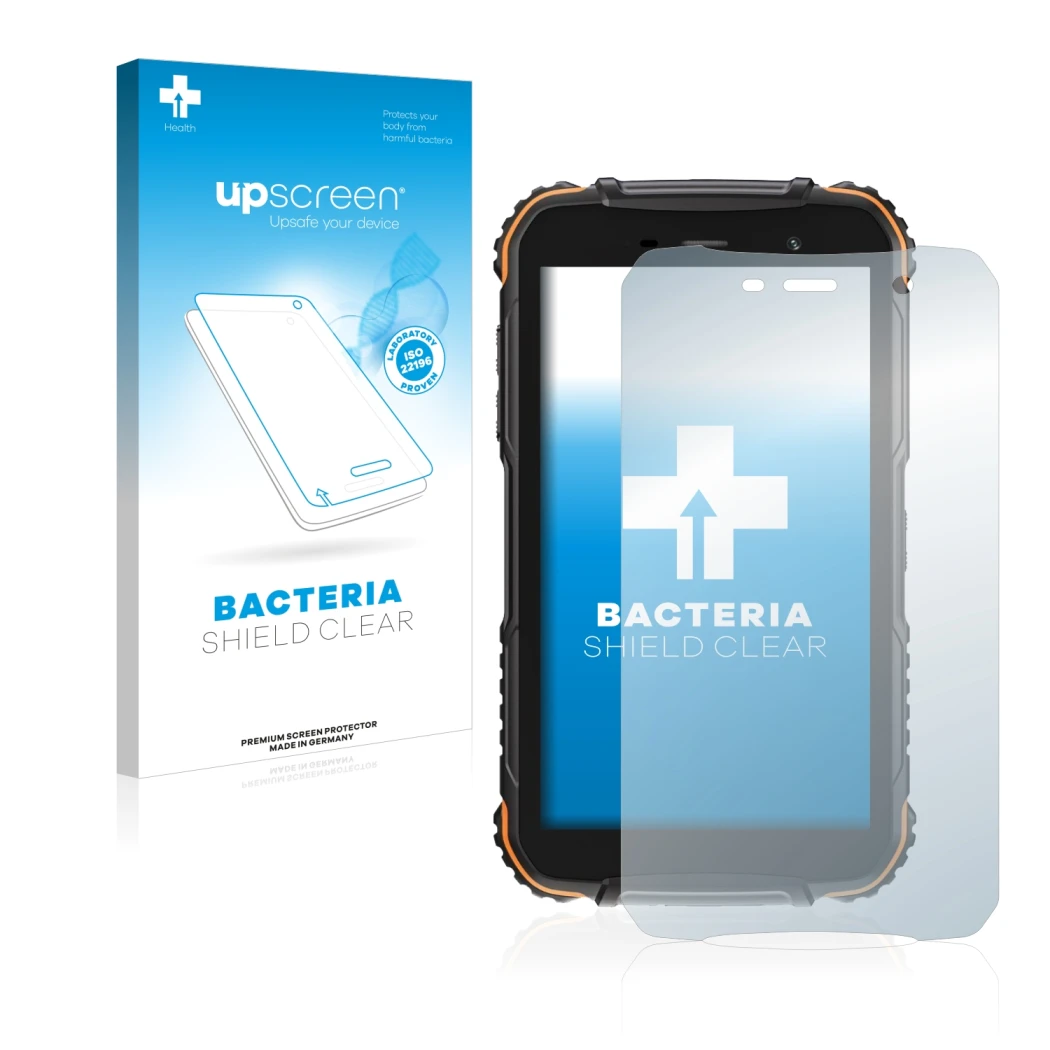 Parte frontale di una confezione del prodotto con il logo del marchio upscreen. Accanto è raffigurato il dispositivo Doogee S3