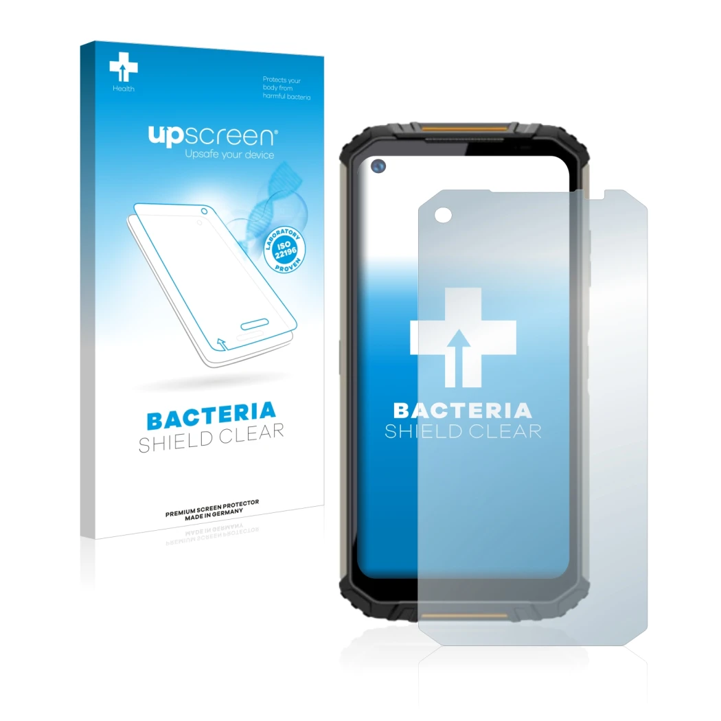 Parte frontale di una confezione del prodotto con il logo del marchio upscreen. Accanto è raffigurato il dispositivo Oukitel W