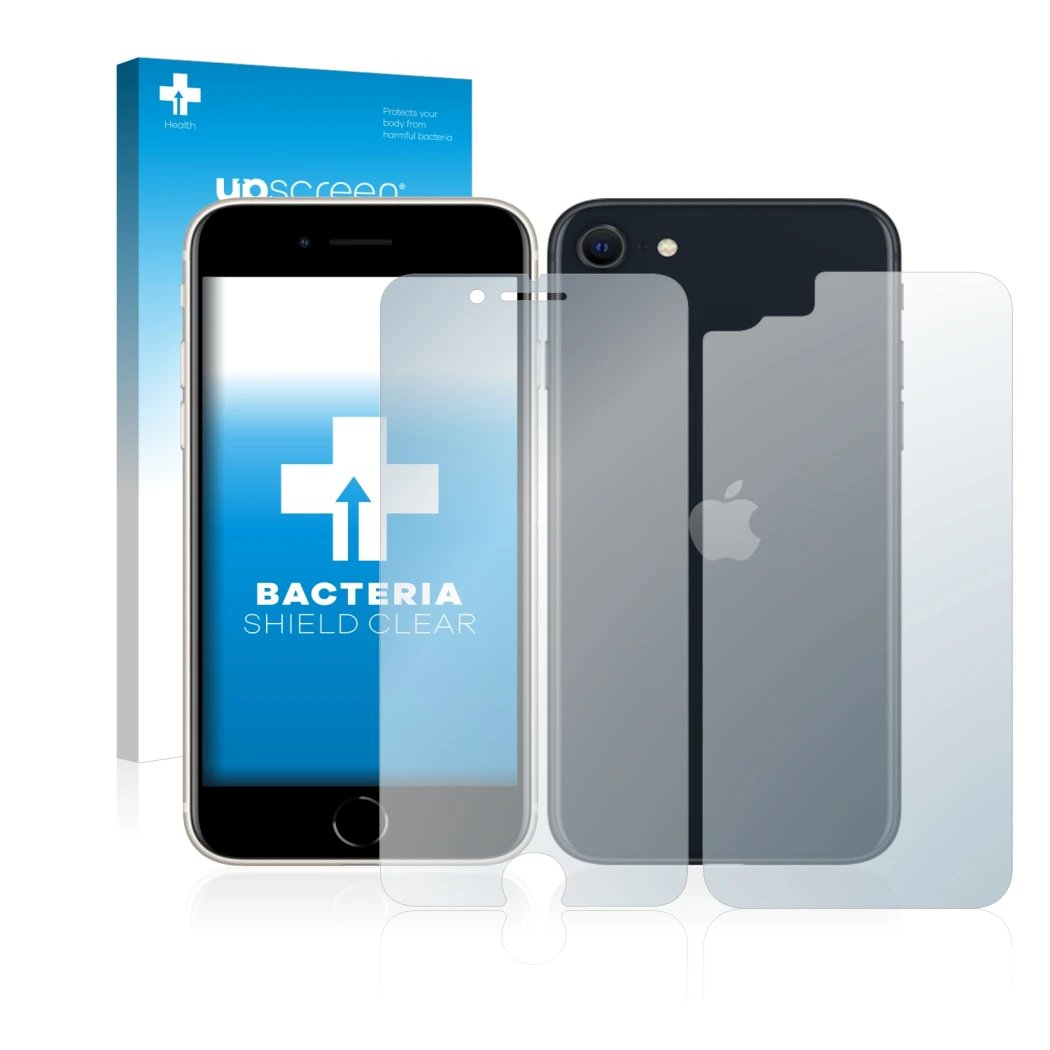 Parte frontale di una confezione del prodotto con il logo del marchio upscreen. Accanto è raffigurato il dispositivo Apple iPh