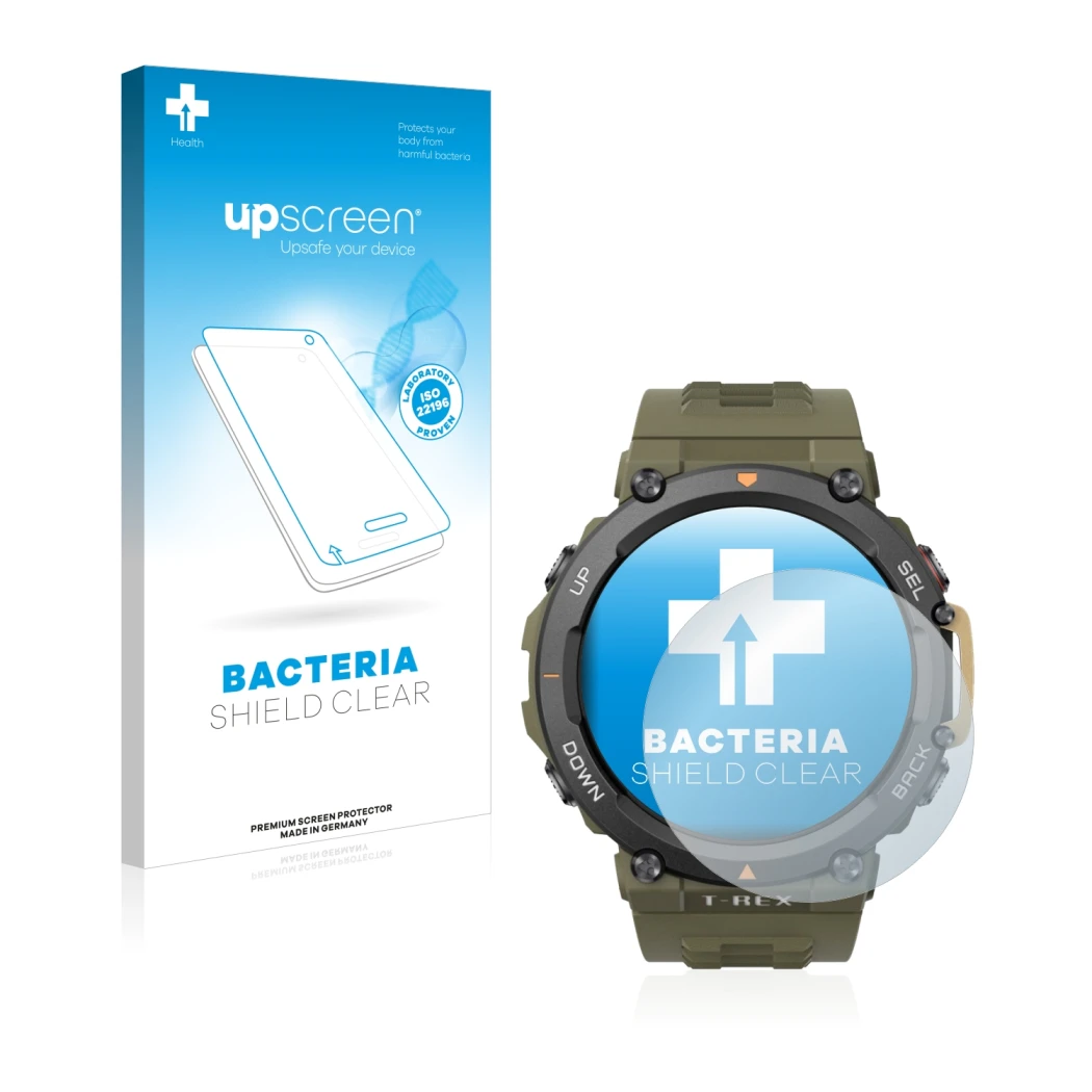 Parte frontale di una confezione del prodotto con il logo del marchio upscreen. Accanto è raffigurato il dispositivo Huami Ama