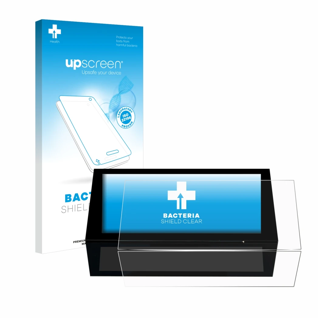 Parte frontale di una confezione del prodotto con il logo del marchio upscreen. Accanto è raffigurato il dispositivo Peugeot 3