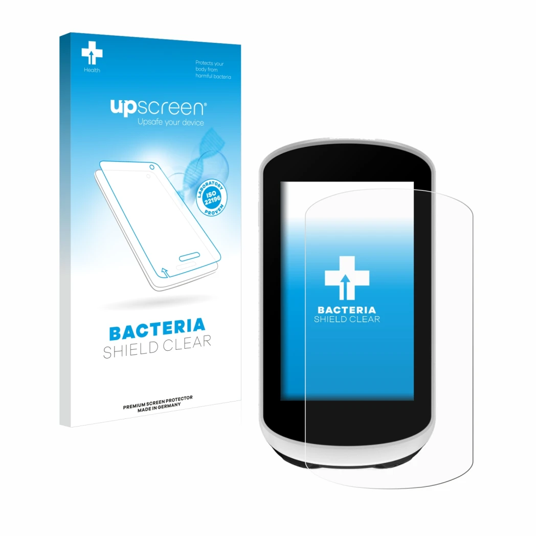 Parte frontale di una confezione del prodotto con il logo del marchio upscreen. Accanto è raffigurato il dispositivo Garmin Ed