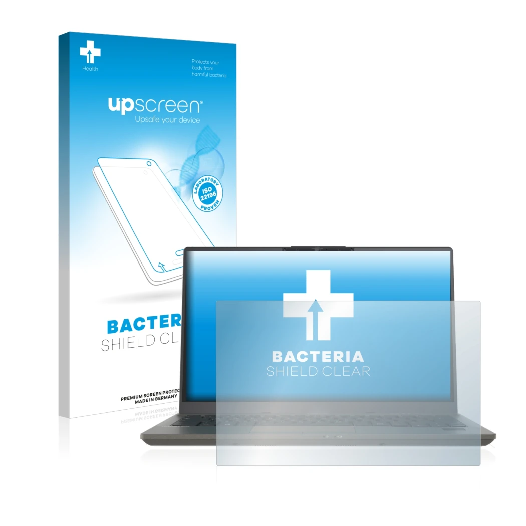 Parte frontale di una confezione del prodotto con il logo del marchio upscreen. Accanto è raffigurato il dispositivo Fujitsu L