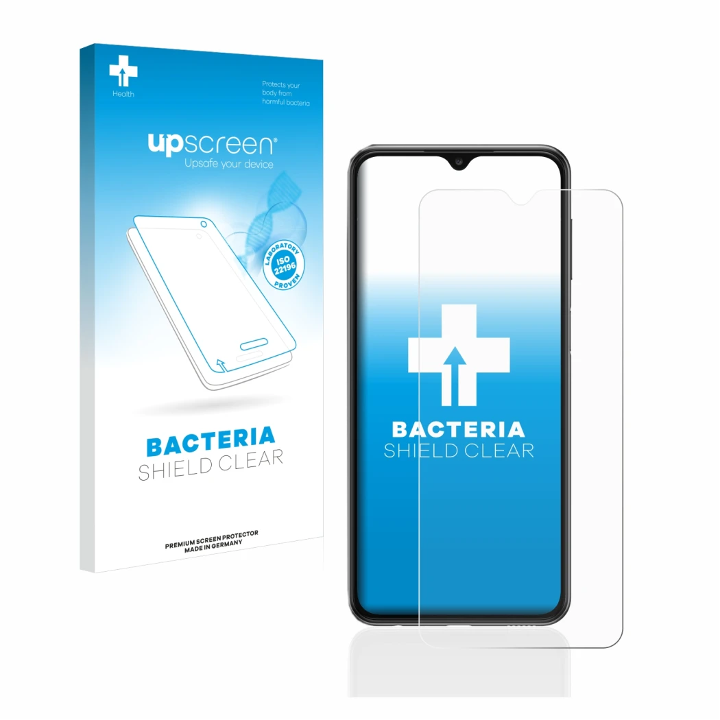 Parte frontale di una confezione del prodotto con il logo del marchio upscreen. Accanto è raffigurato il dispositivo Samsung G