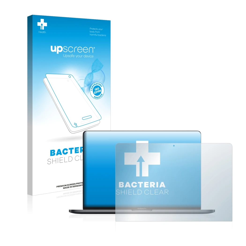 Parte frontale di una confezione del prodotto con il logo del marchio upscreen. Accanto è raffigurato il dispositivo Apple Mac