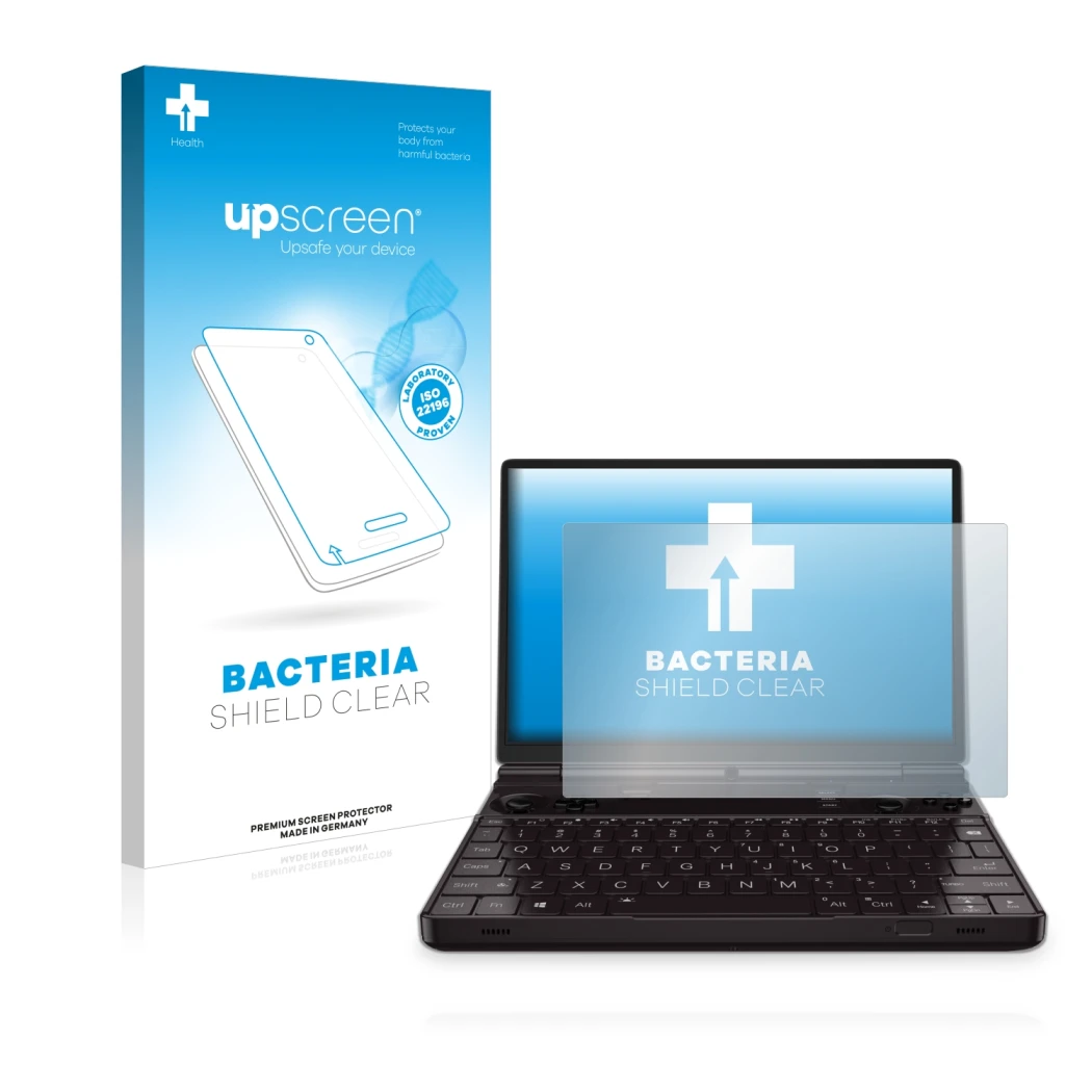 Parte frontale di una confezione del prodotto con il logo del marchio upscreen. Accanto è raffigurato il dispositivo GPD Win M