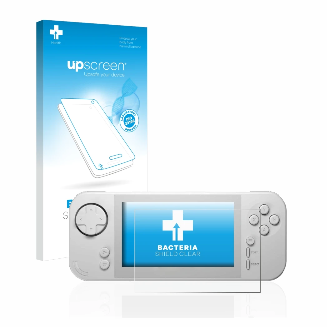 Parte frontale di una confezione del prodotto con il logo del marchio upscreen. Accanto è raffigurato il dispositivo Evercade