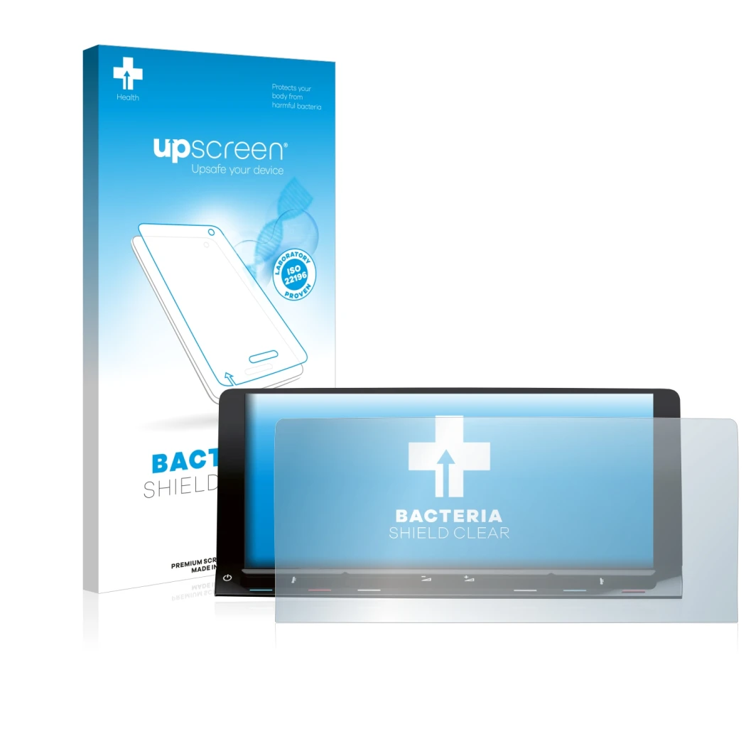 Parte frontale di una confezione del prodotto con il logo del marchio upscreen. Accanto è raffigurato il dispositivo Volkswage