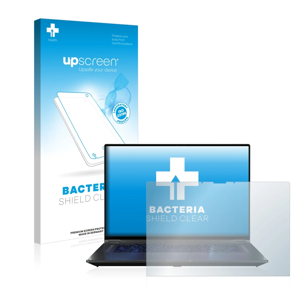 Parte frontale di una confezione del prodotto con il logo del marchio upscreen. Accanto è raffigurato il dispositivo ASUS ROG