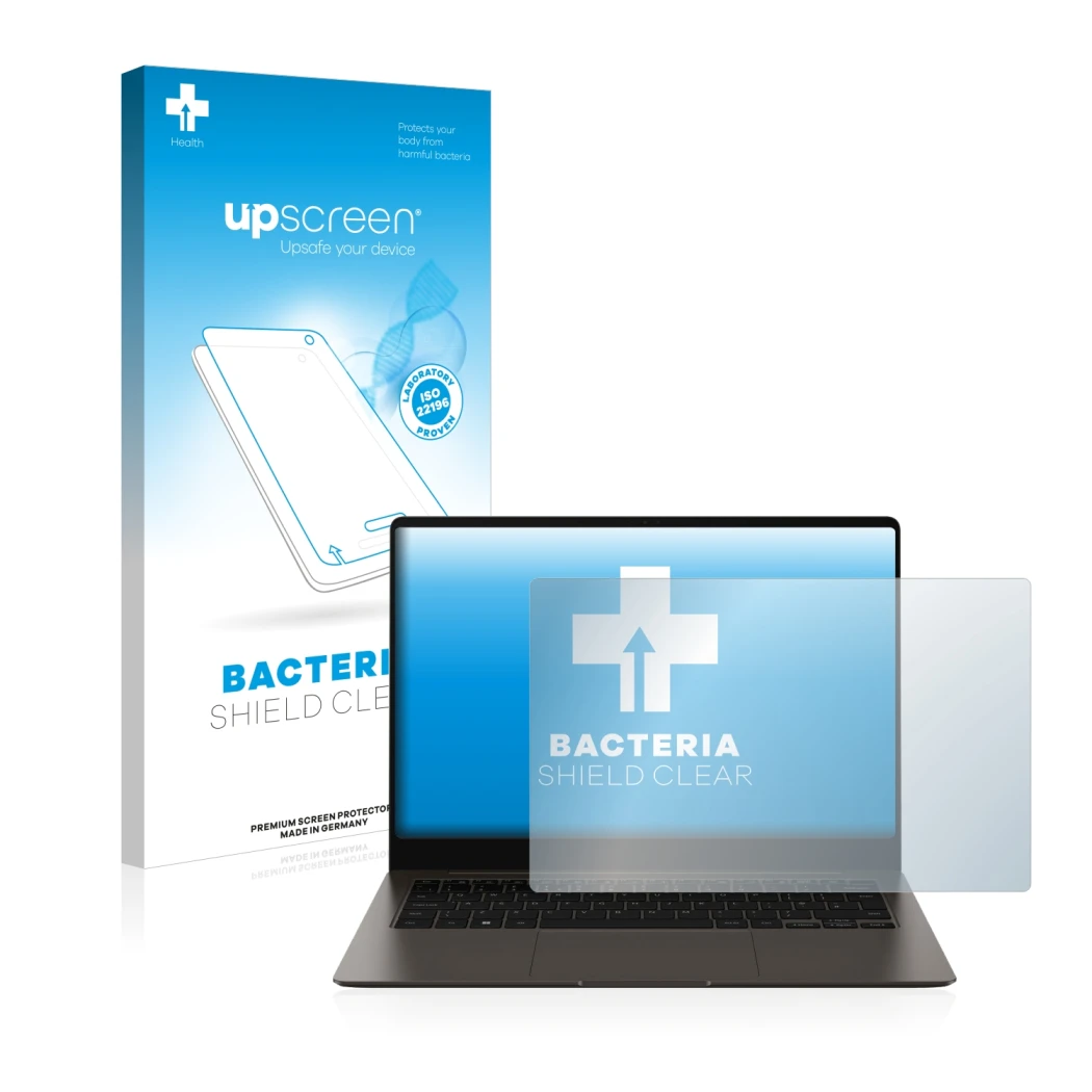 Parte frontale di una confezione del prodotto con il logo del marchio upscreen. Accanto è raffigurato il dispositivo Samsung G