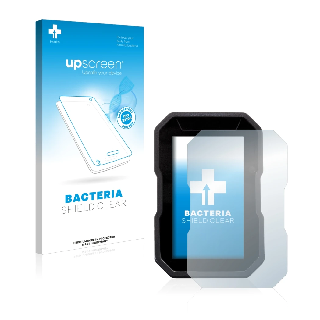 Parte frontale di una confezione del prodotto con il logo del marchio upscreen. Accanto è raffigurato il dispositivo Ducati De