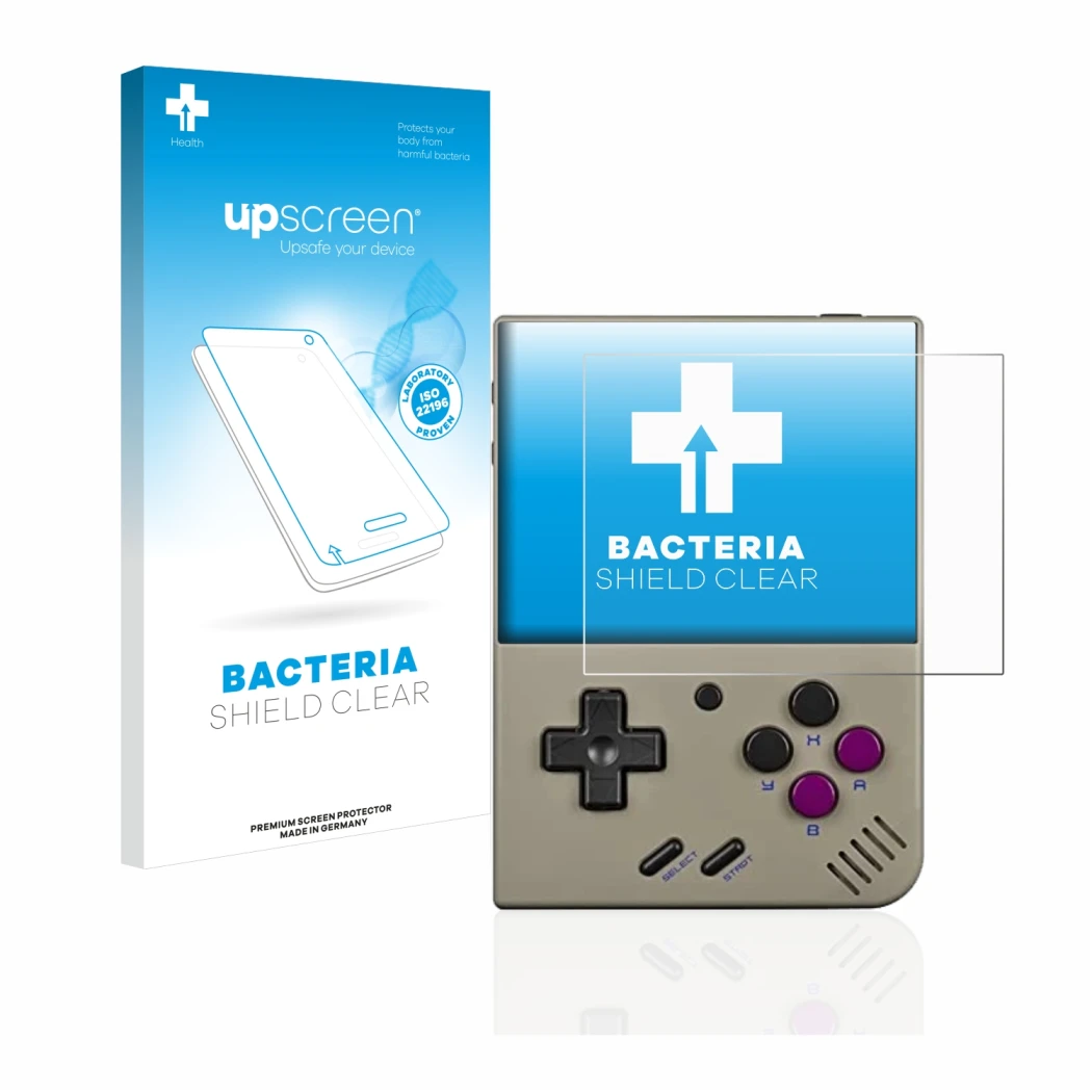 Parte frontale di una confezione del prodotto con il logo del marchio upscreen. Accanto è raffigurato il dispositivo Miyoo Min