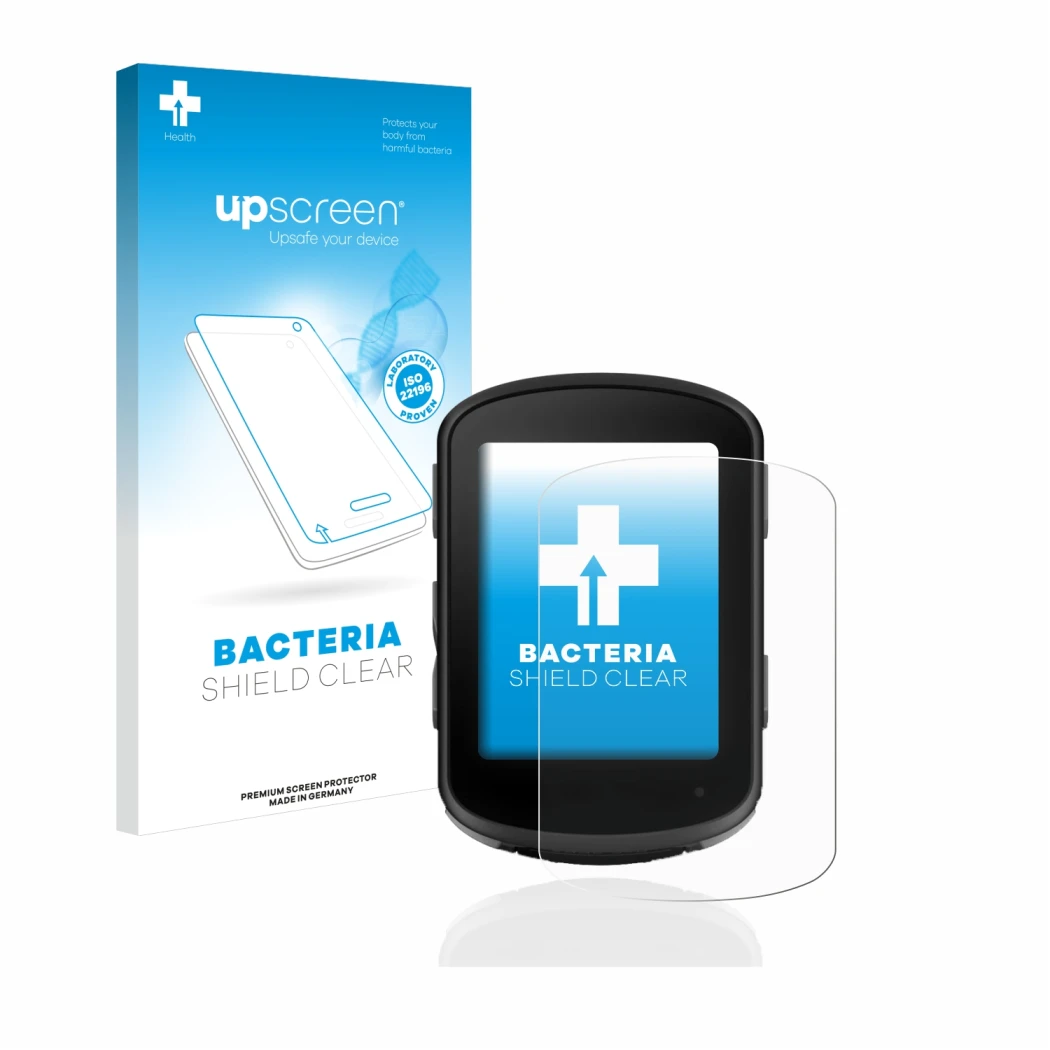 Parte frontale di una confezione del prodotto con il logo del marchio upscreen. Accanto è raffigurato il dispositivo Garmin Ed