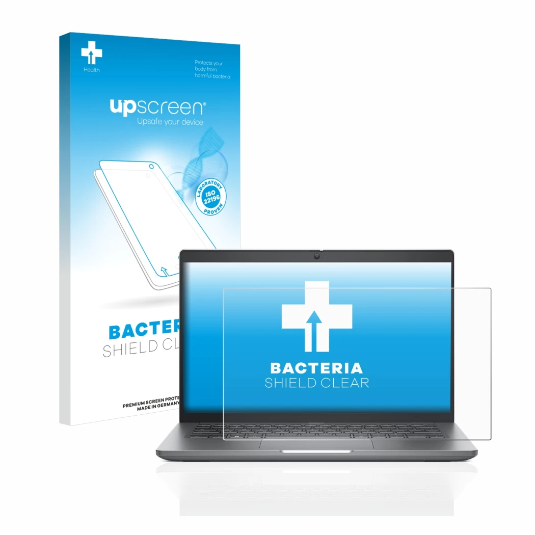 Parte frontale di una confezione del prodotto con il logo del marchio upscreen. Accanto è raffigurato il dispositivo Dell Lati