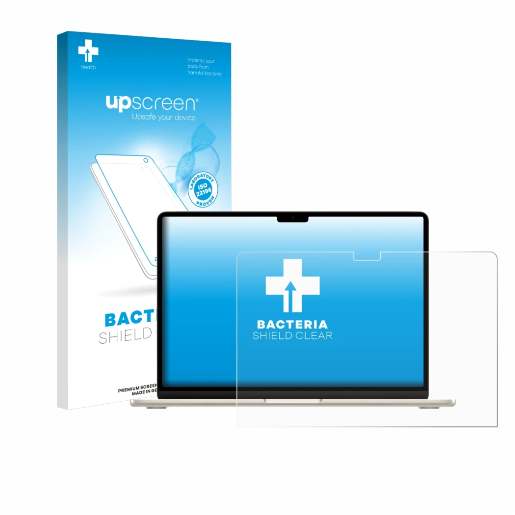 Parte frontale di una confezione del prodotto con il logo del marchio upscreen. Accanto è raffigurato il dispositivo Apple Mac