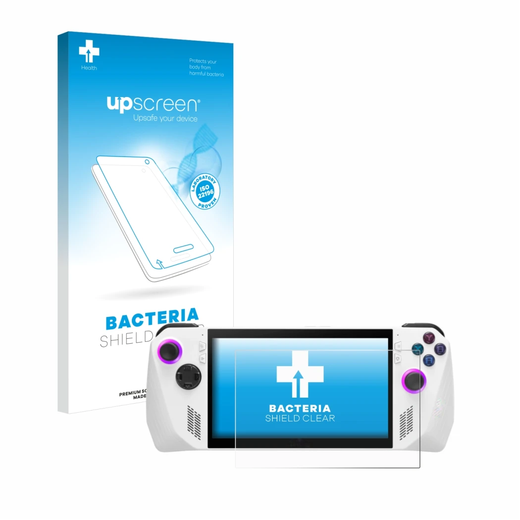 Parte frontale di una confezione del prodotto con il logo del marchio upscreen. Accanto è raffigurato il dispositivo ASUS ROG 