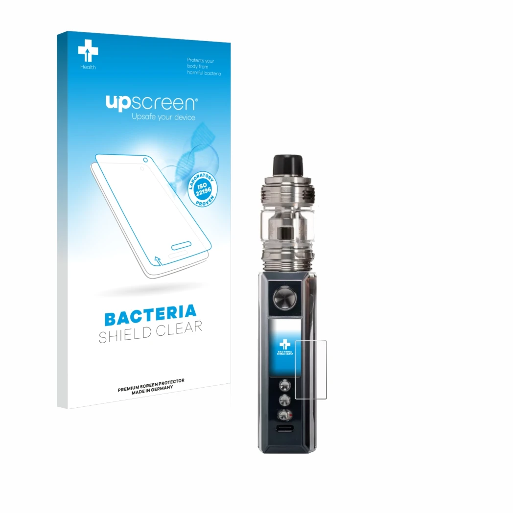 Parte frontale di una confezione del prodotto con il logo del marchio upscreen. Accanto è raffigurato il dispositivo Voopoo Dr