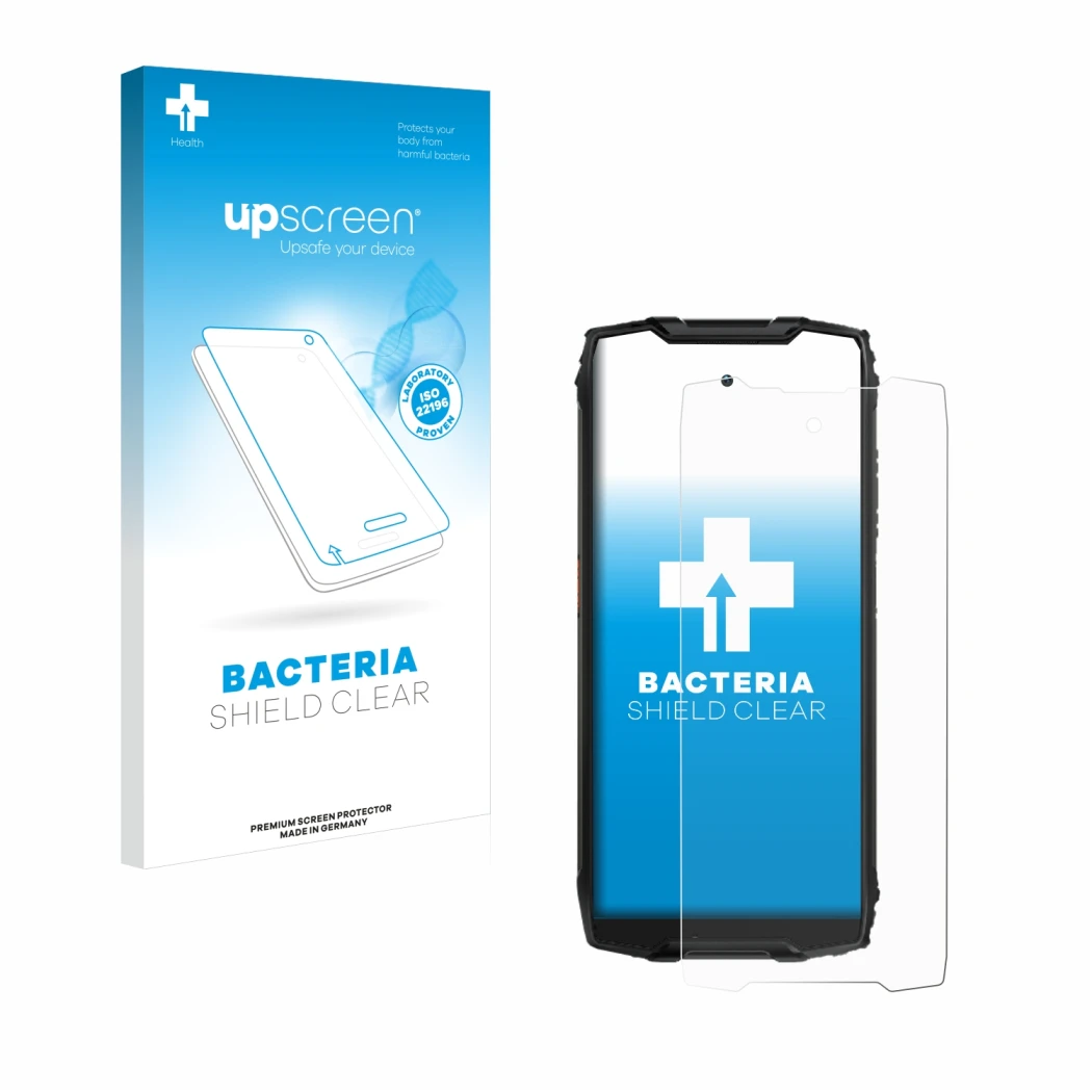 Parte frontale di una confezione del prodotto con il logo del marchio upscreen. Accanto è raffigurato il dispositivo Blackview