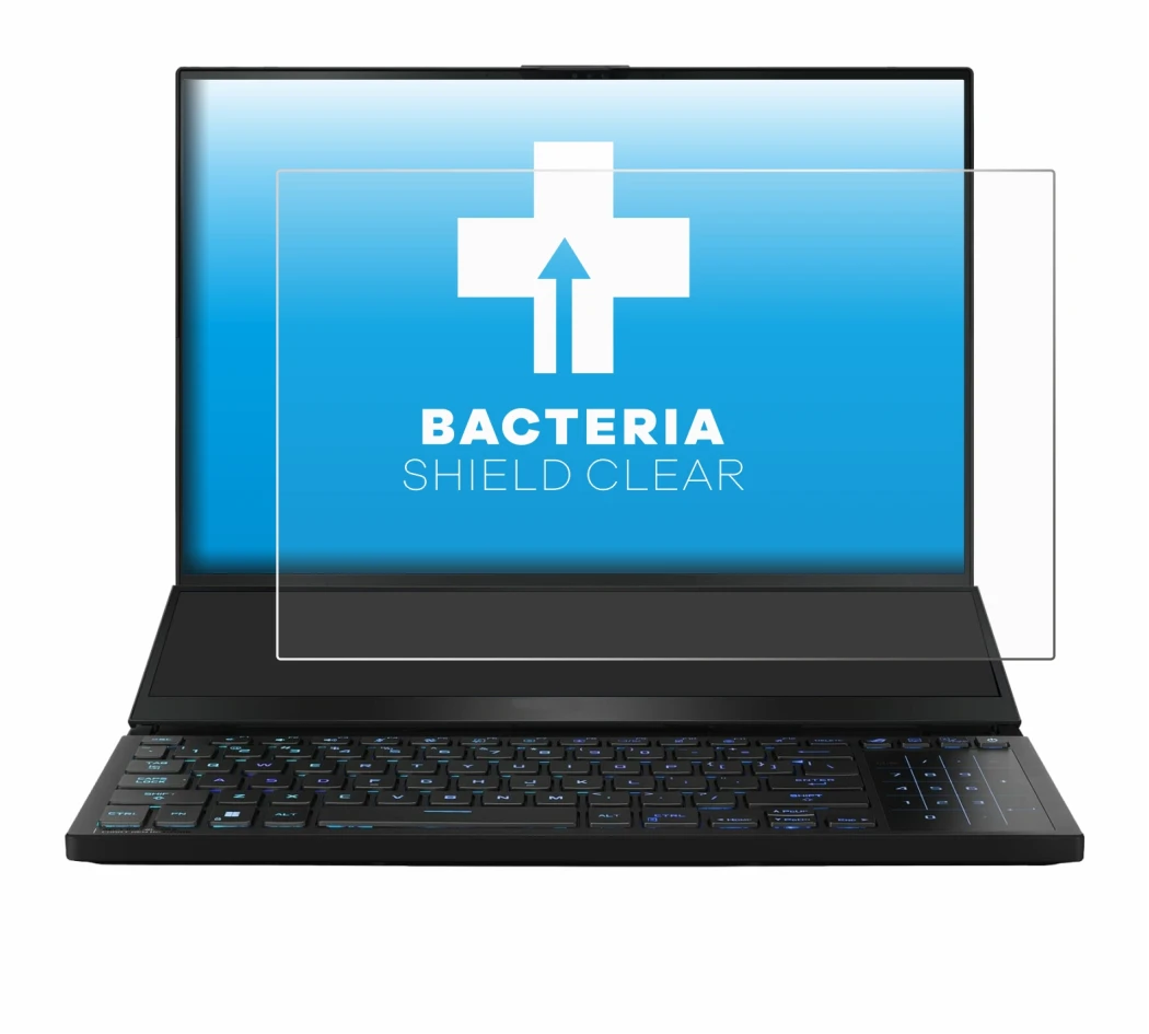 Immagine del dispositivo ASUS ROG Zephyrus Duo 16 2023 con un'ampia varietà di protezioni per lo schermo.