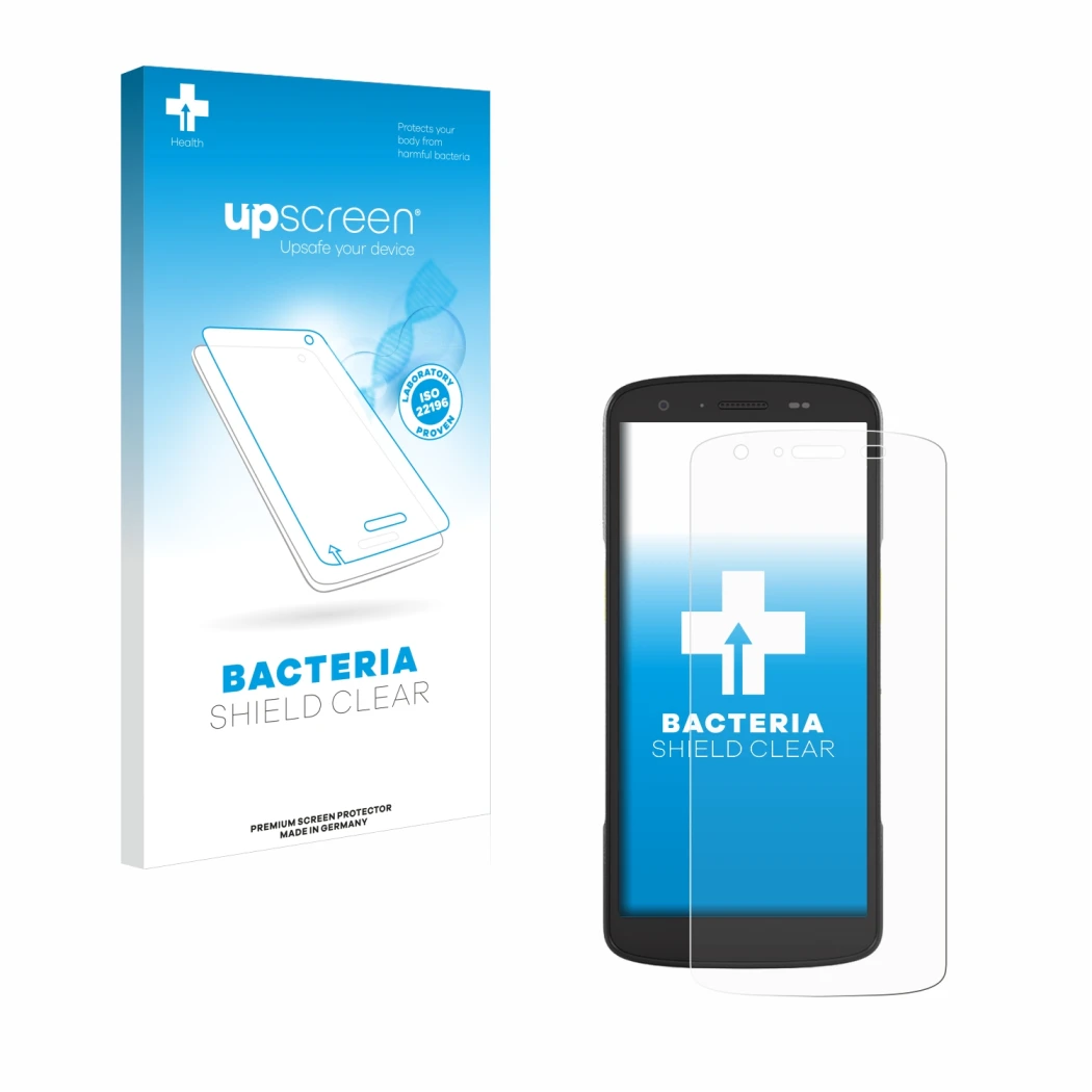 Parte frontale di una confezione del prodotto con il logo del marchio upscreen. Accanto è raffigurato il dispositivo Zebra TC2