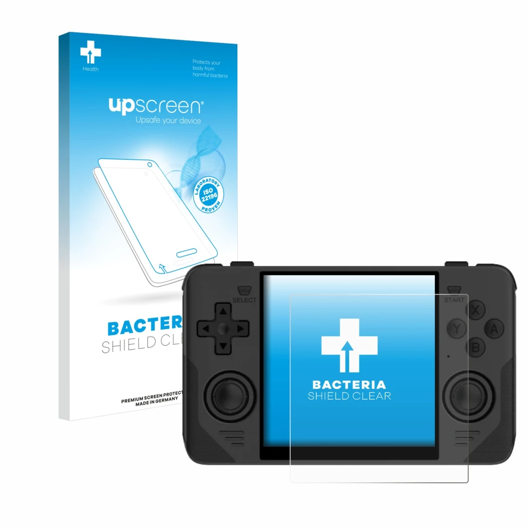 Parte frontale di una confezione del prodotto con il logo del marchio upscreen. Accanto è raffigurato il dispositivo Powkiddy