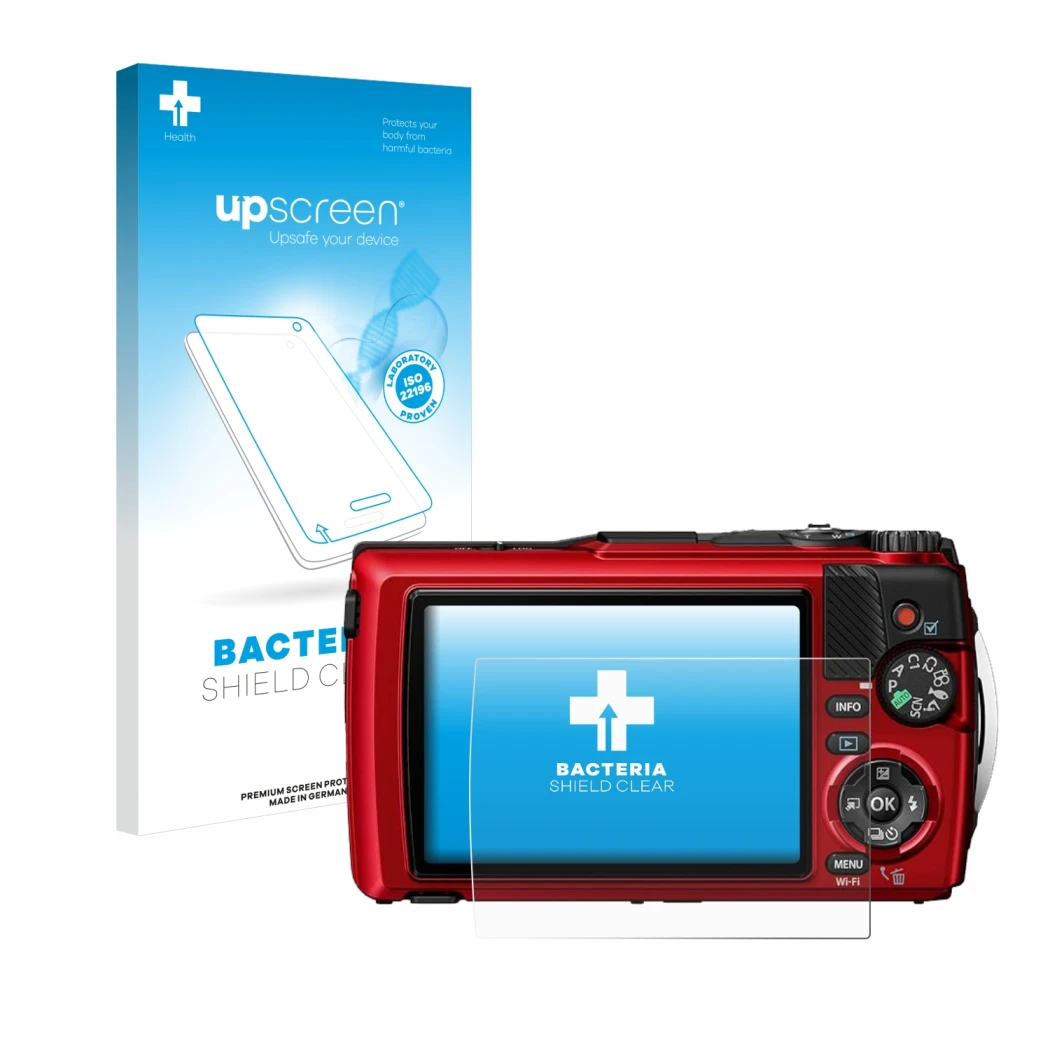 Parte frontale di una confezione del prodotto con il logo del marchio upscreen. Accanto è raffigurato il dispositivo Olympus O