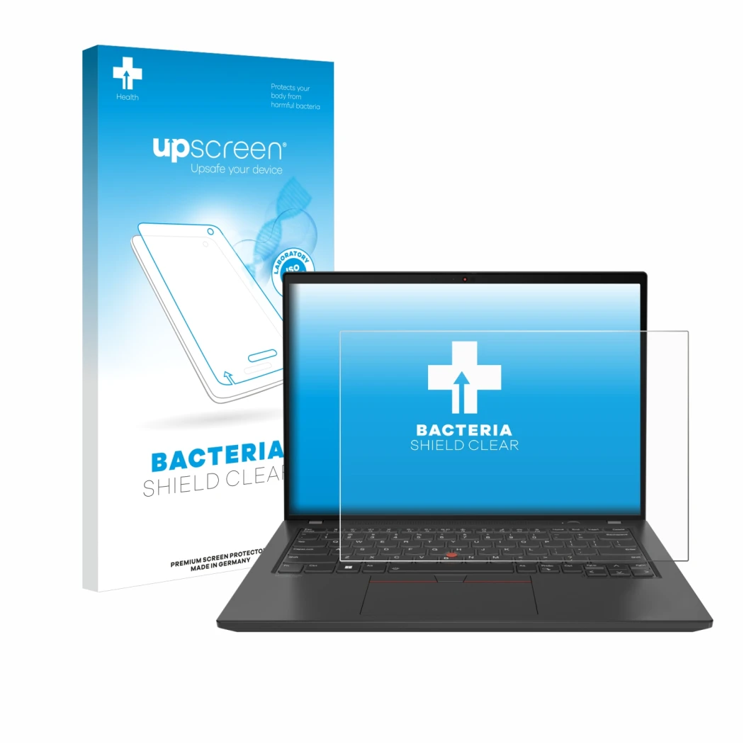 Parte frontale di una confezione del prodotto con il logo del marchio upscreen. Accanto è raffigurato il dispositivo Lenovo Th