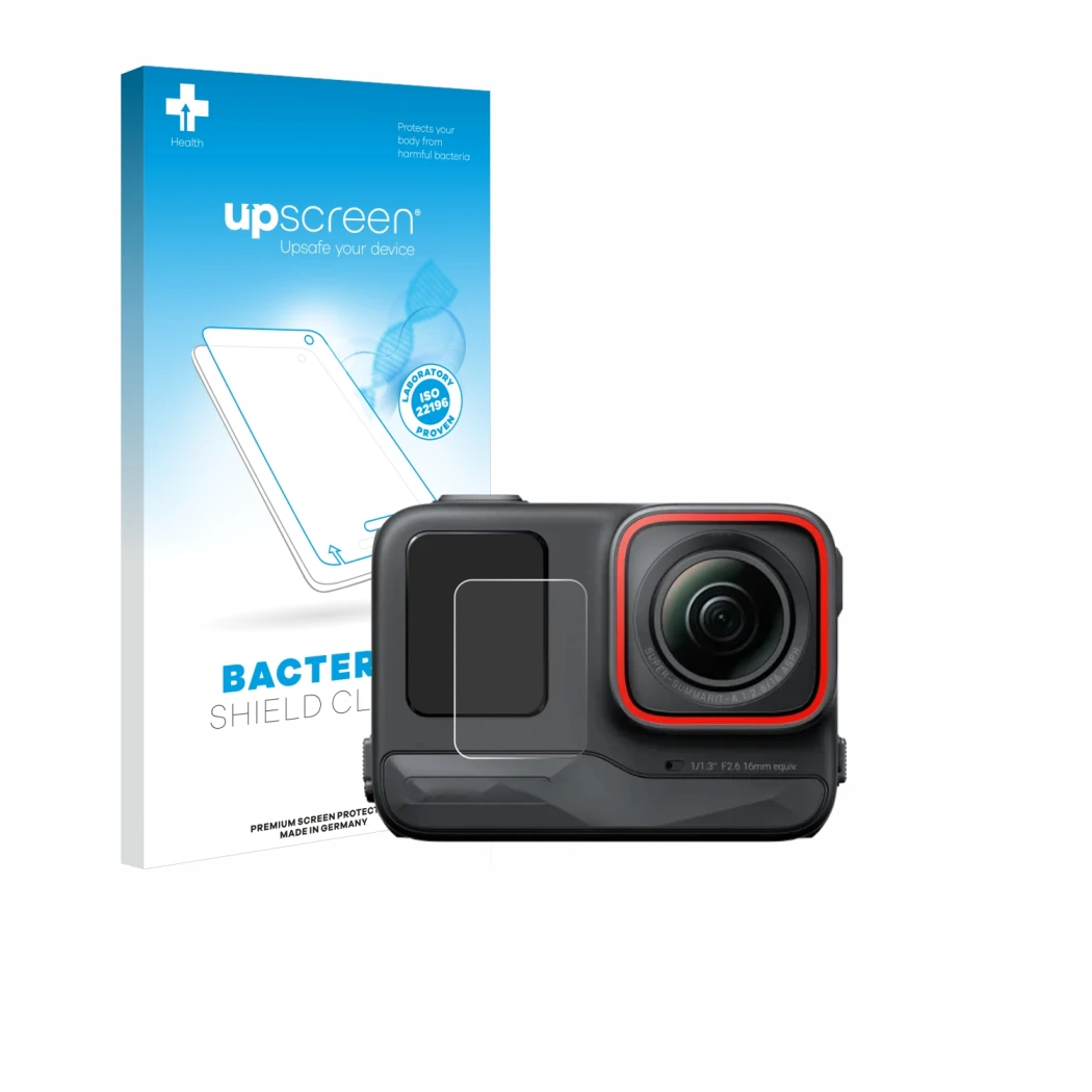 Parte frontale di una confezione del prodotto con il logo del marchio upscreen. Accanto è raffigurato il dispositivo Insta360