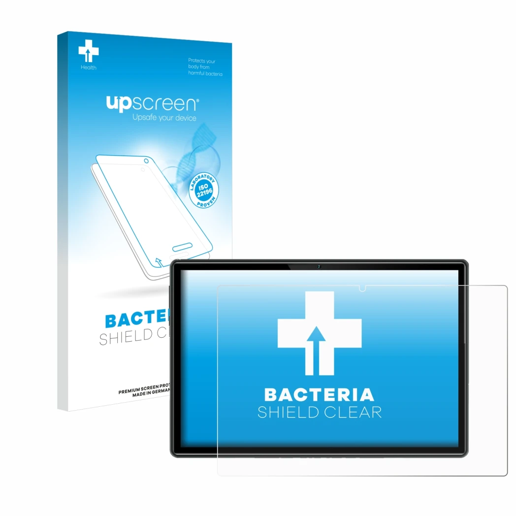 Parte frontale di una confezione del prodotto con il logo del marchio upscreen. Accanto è raffigurato il dispositivo Doogee U1