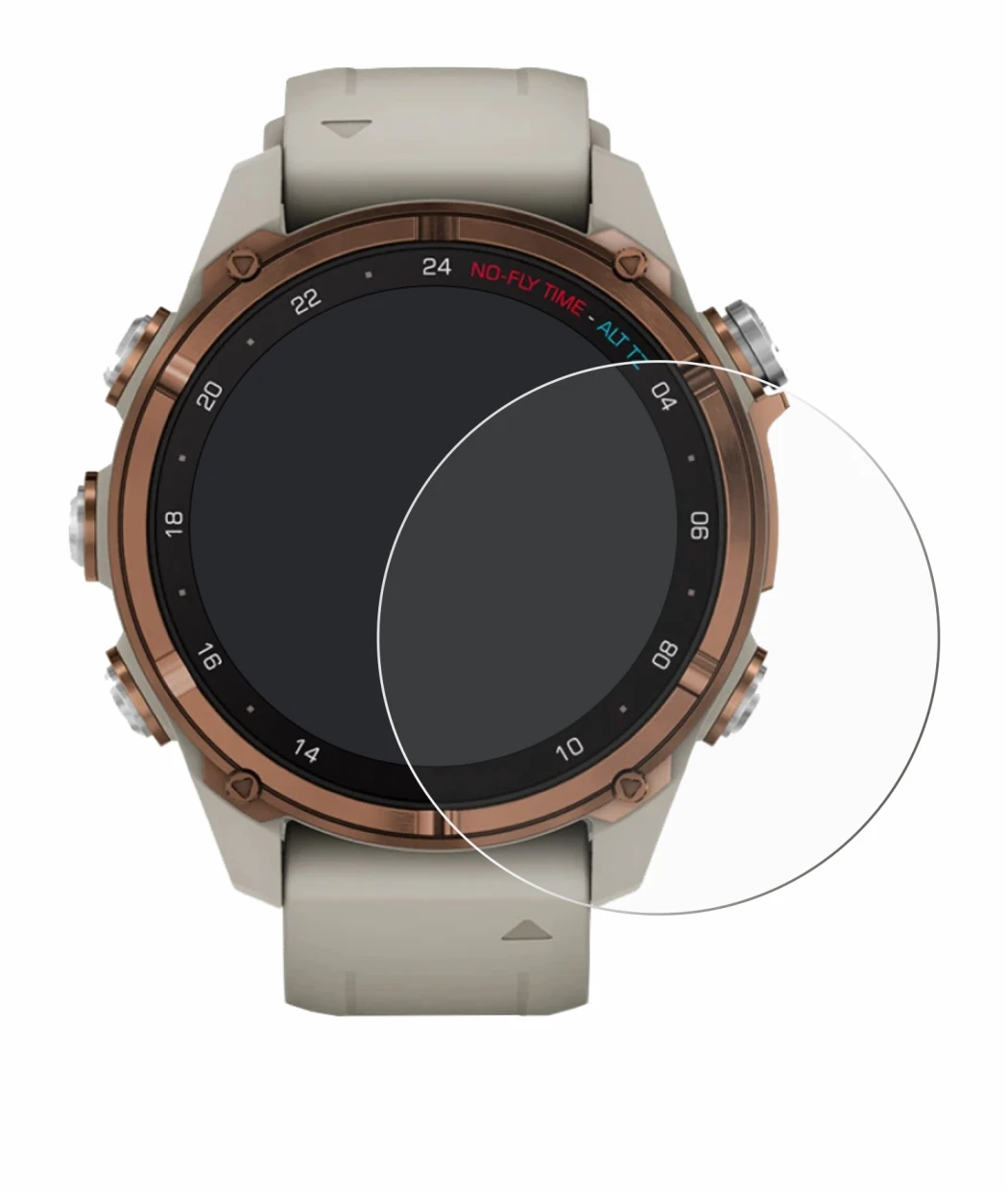 Immagine del dispositivo Garmin Descent Mk3 (43 mm) con un'ampia varietà di protezioni per lo schermo.