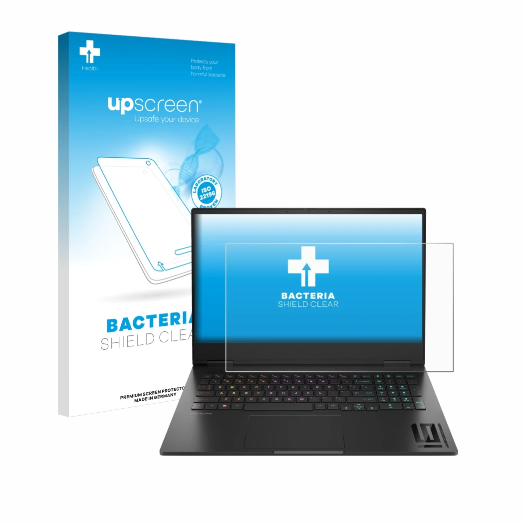 Parte frontale di una confezione del prodotto con il logo del marchio upscreen. Accanto è raffigurato il dispositivo HP Omen 1