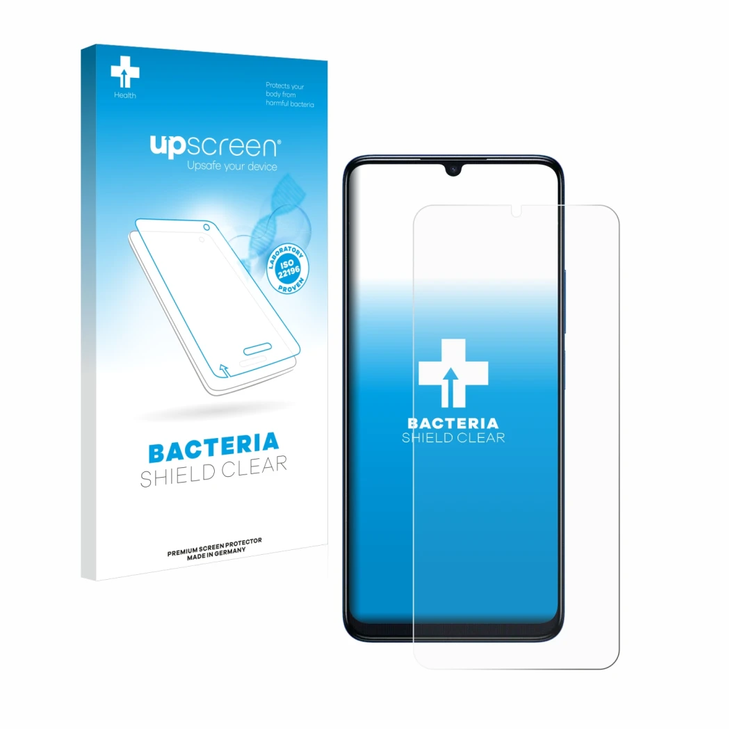 Parte frontale di una confezione del prodotto con il logo del marchio upscreen. Accanto è raffigurato il dispositivo TCL 505 c