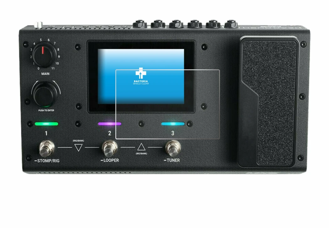 Immagine del dispositivo Headrush MX5 con un'ampia varietà di protezioni per lo schermo.