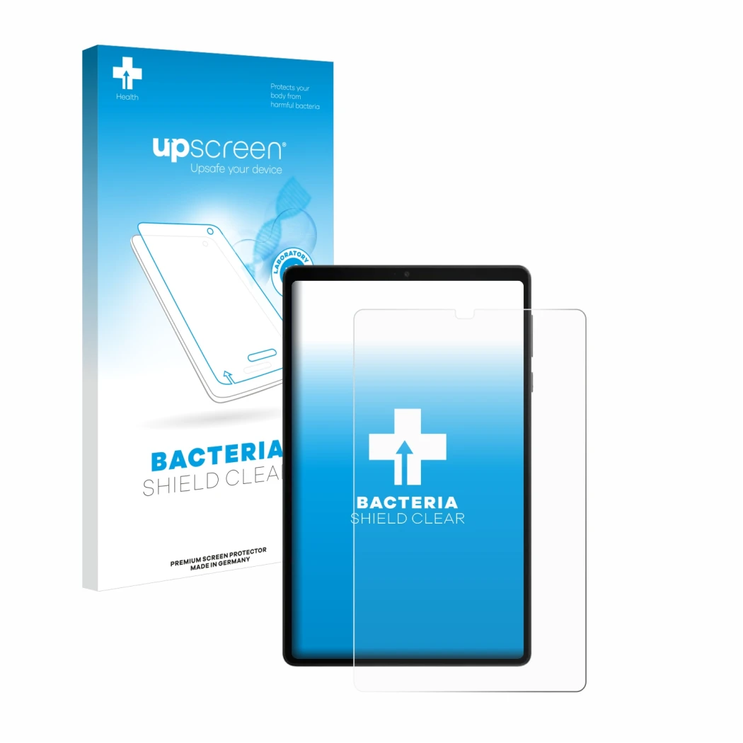 Parte frontale di una confezione del prodotto con il logo del marchio upscreen. Accanto è raffigurato il dispositivo Lenovo Le