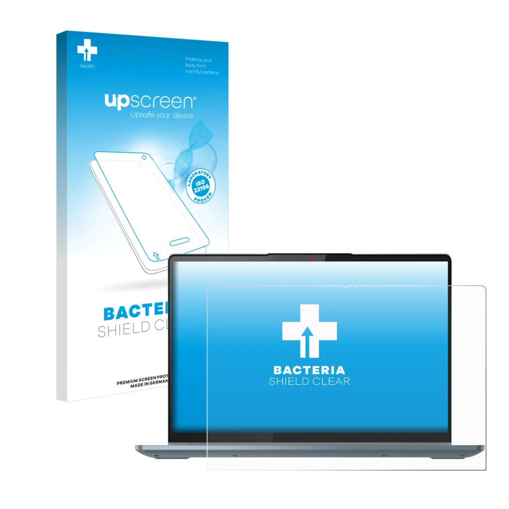 Parte frontale di una confezione del prodotto con il logo del marchio upscreen. Accanto è raffigurato il dispositivo Lenovo Id