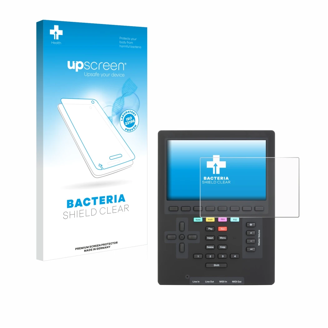 Parte frontale di una confezione del prodotto con il logo del marchio upscreen. Accanto è raffigurato il dispositivo Polyend T
