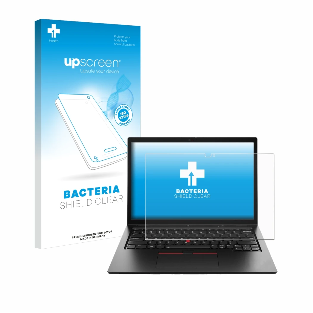 Parte frontale di una confezione del prodotto con il logo del marchio upscreen. Accanto è raffigurato il dispositivo Lenovo Th