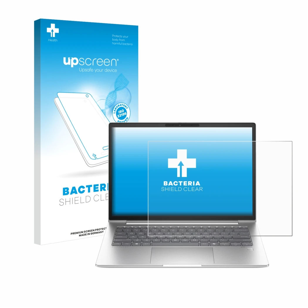 Parte frontale di una confezione del prodotto con il logo del marchio upscreen. Accanto è raffigurato il dispositivo HP EliteB