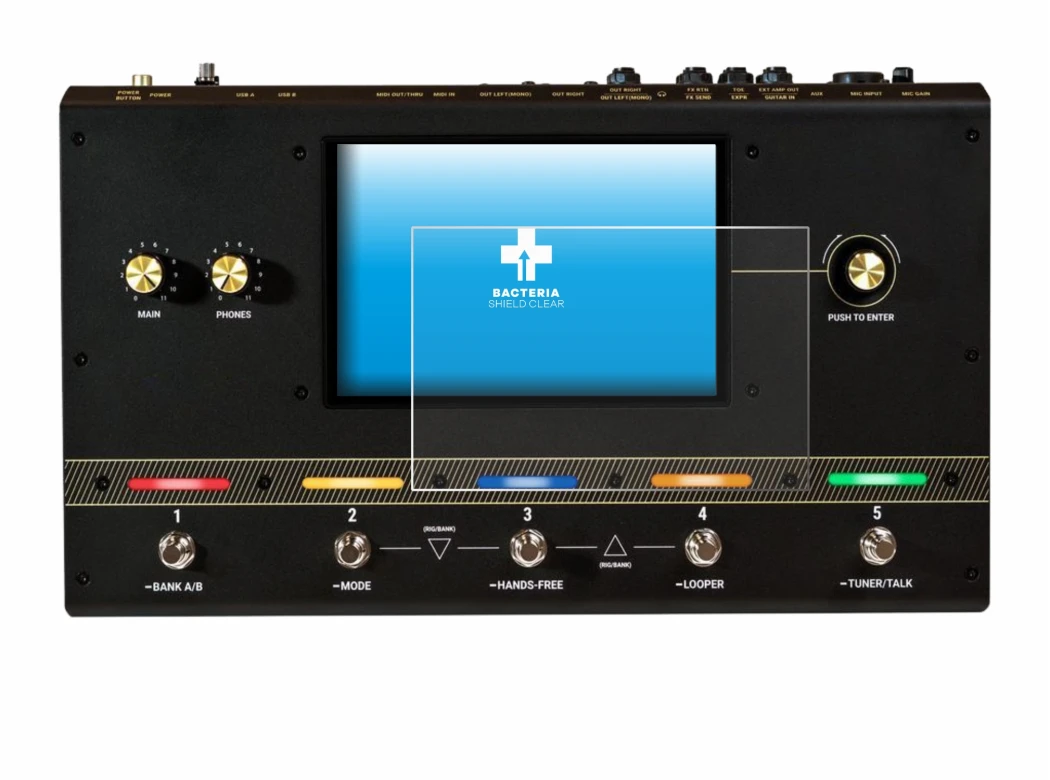 Immagine del dispositivo Headrush Core con un'ampia varietà di protezioni per lo schermo.
