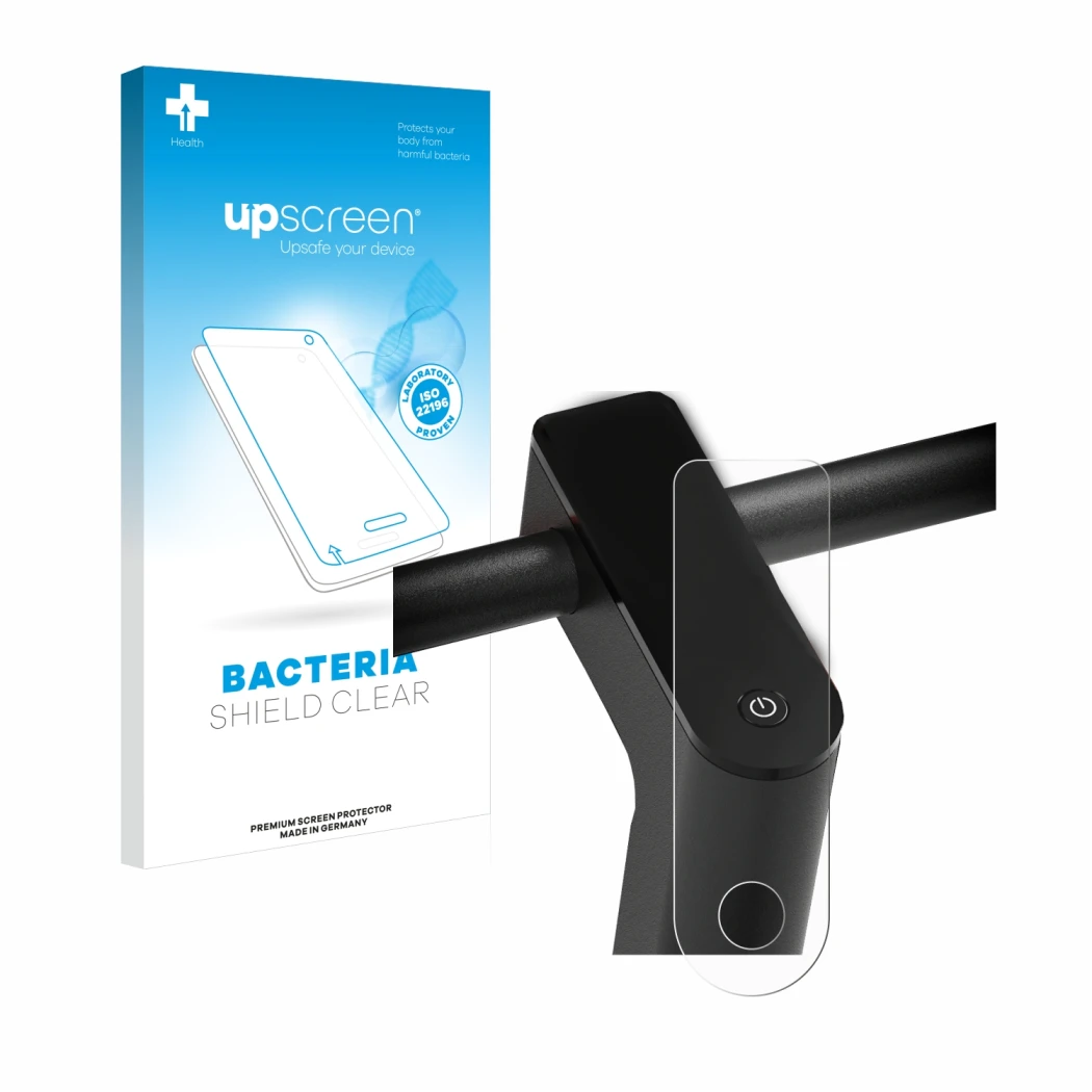 Parte frontale di una confezione del prodotto con il logo del marchio upscreen. Accanto è raffigurato il dispositivo Xiaomi Mi