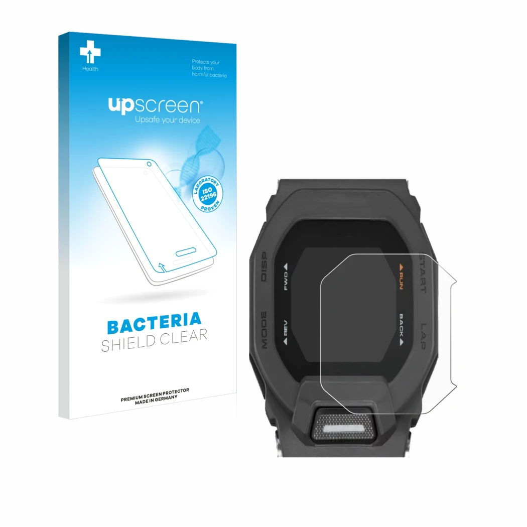 Parte frontale di una confezione del prodotto con il logo del marchio upscreen. Accanto è raffigurato il dispositivo Casio G-S