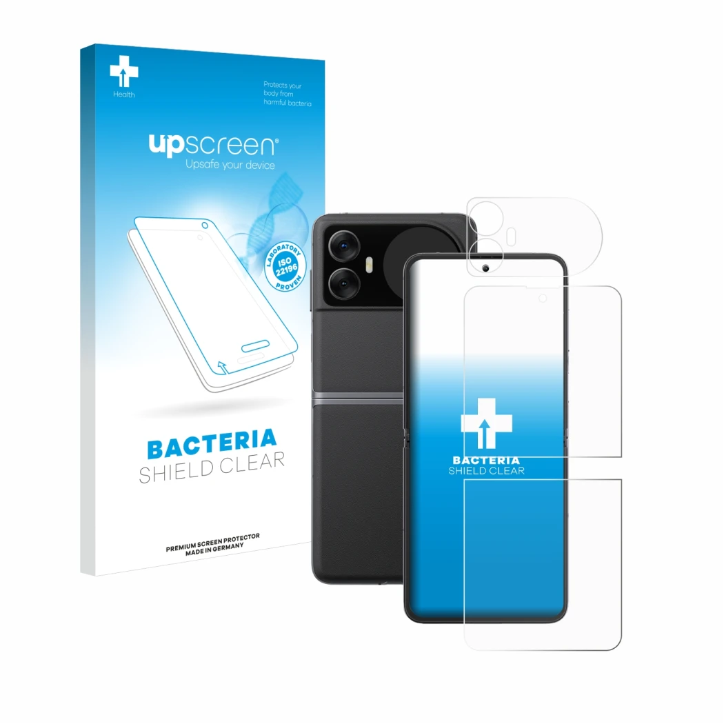 Parte frontale di una confezione del prodotto con il logo del marchio upscreen. Accanto è raffigurato il dispositivo Blackview