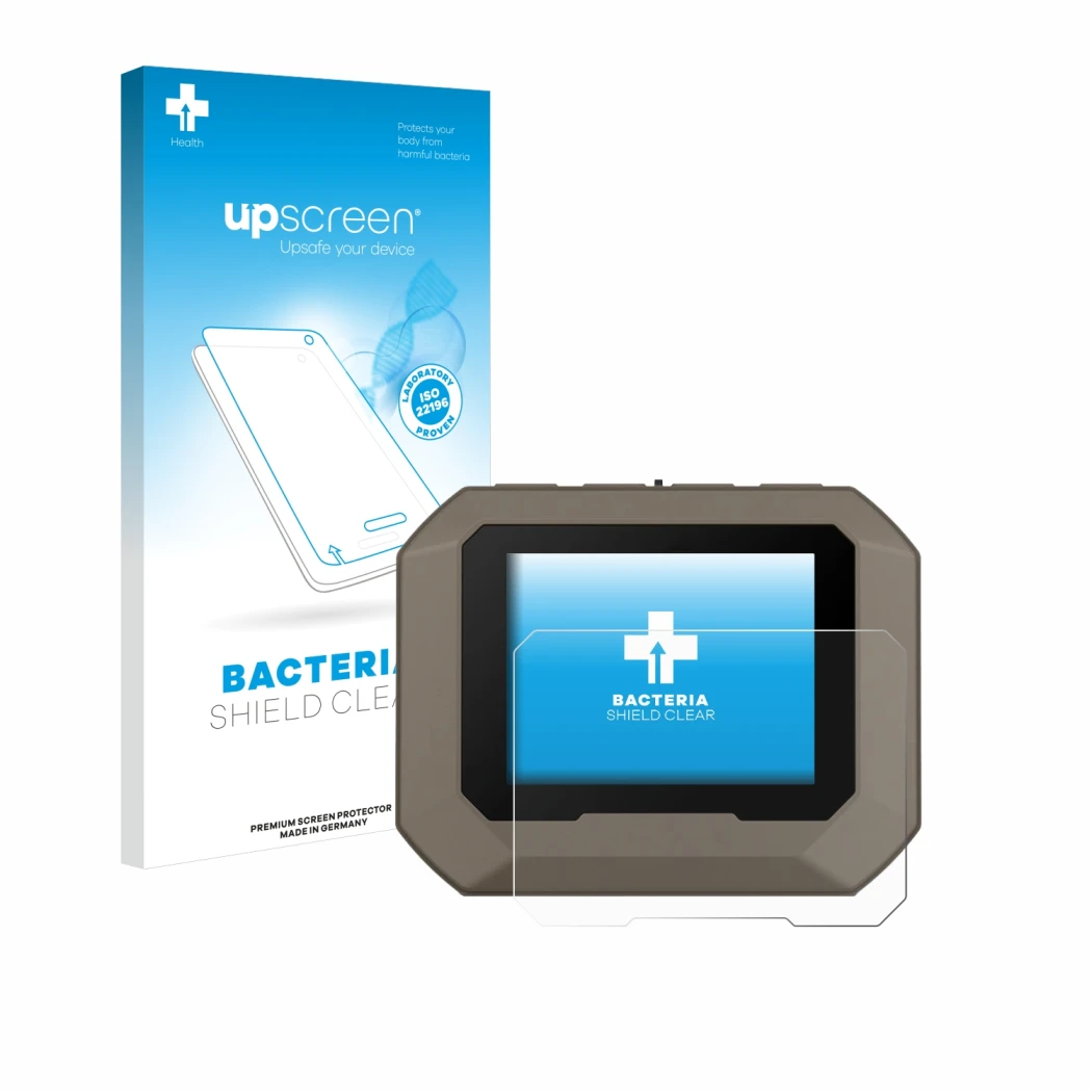 Parte frontale di una confezione del prodotto con il logo del marchio upscreen. Accanto è raffigurato il dispositivo Garmin Xe