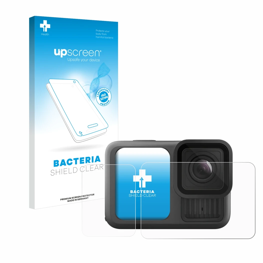 Parte frontale di una confezione del prodotto con il logo del marchio upscreen. Accanto è raffigurato il dispositivo GoPro Her