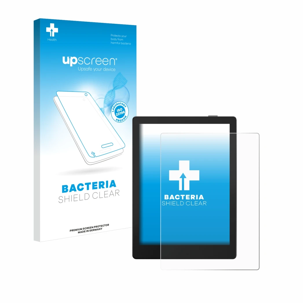 Parte frontale di una confezione del prodotto con il logo del marchio upscreen. Accanto è raffigurato il dispositivo Boox Go 6