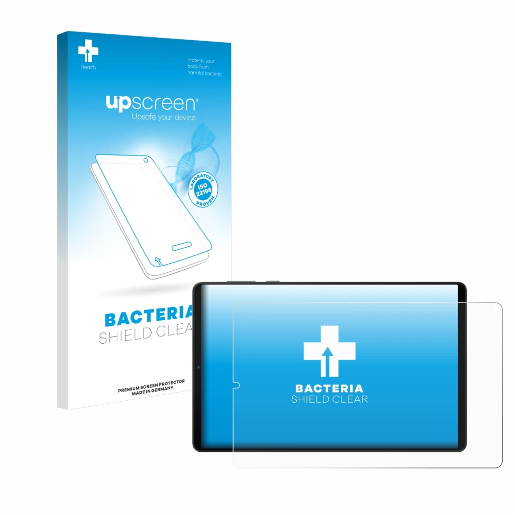 Parte frontale di una confezione del prodotto con il logo del marchio upscreen. Accanto è raffigurato il dispositivo Lenovo Le